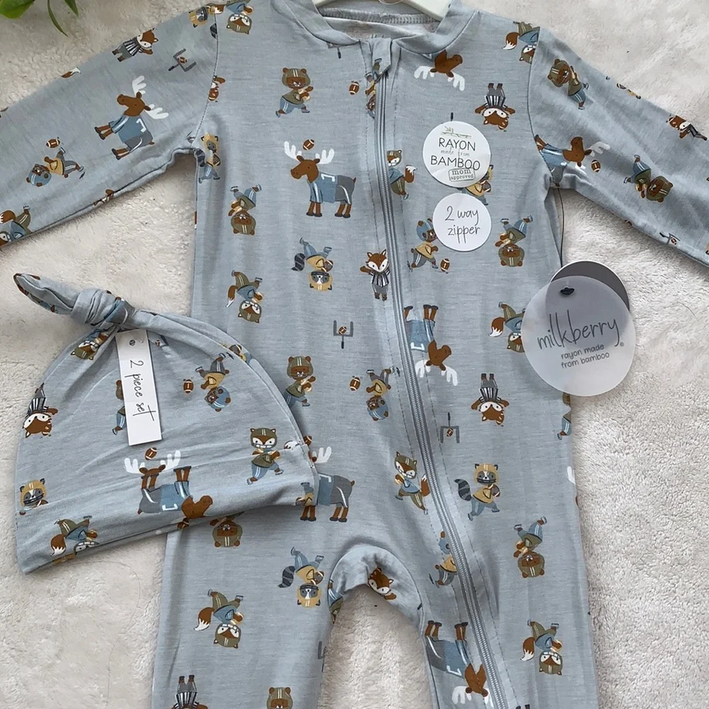 NWT Milkberry Animal Football Gray Footie w/ Beanie Hat Set 6-9M Bamboo